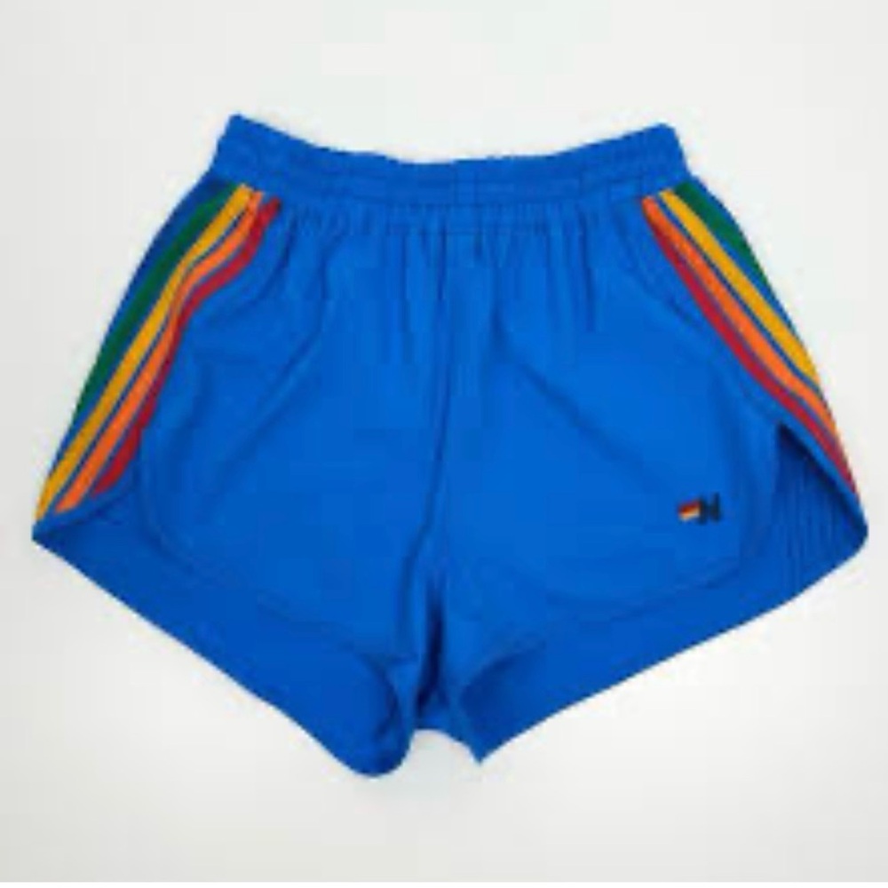 Aviator Nation Blue Shorts with Rainbow Stripes
